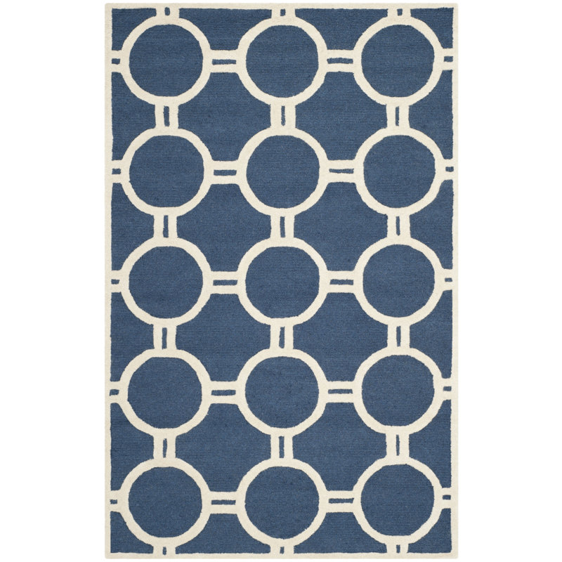 Navy Blue and Ivory Hand-Tufted Wool Square Rug, 24" x 24"