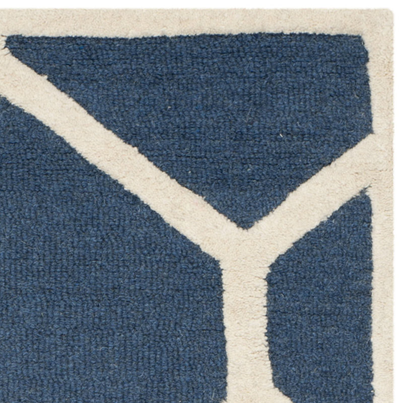Navy Blue & Ivory Wool 4'x6' Hand-Tufted Geometric Rug