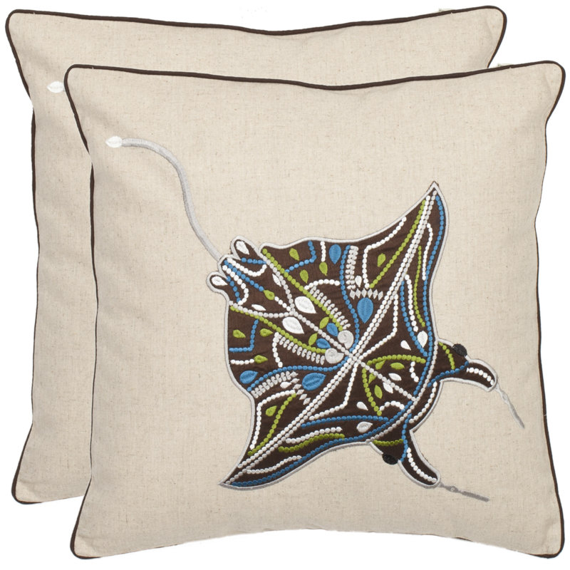 18'' Beige and Brown Embroidered Linen Throw Pillow Set