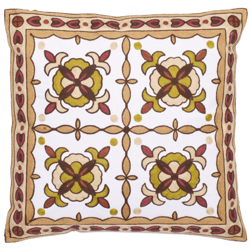 Beige and Green Embroidered Cotton Square Throw Pillows, Set of 2