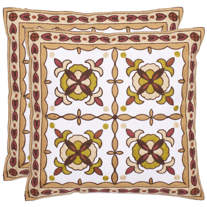 Beige and Green Embroidered Cotton Square Throw Pillows, Set of 2