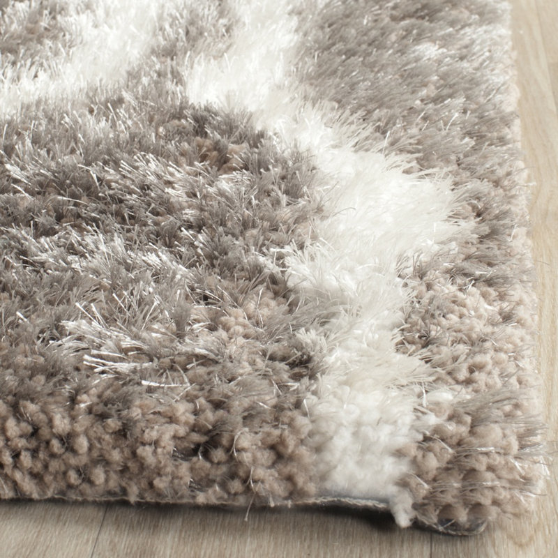 Ivory Silver Barcelona Hand-Tufted Cotton Shag Rug, 5'x5' Square