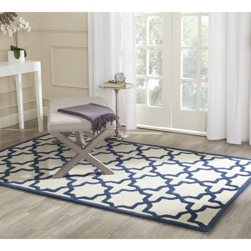 Navy and Ivory Hand-Tufted Wool Geometric Runner Rug