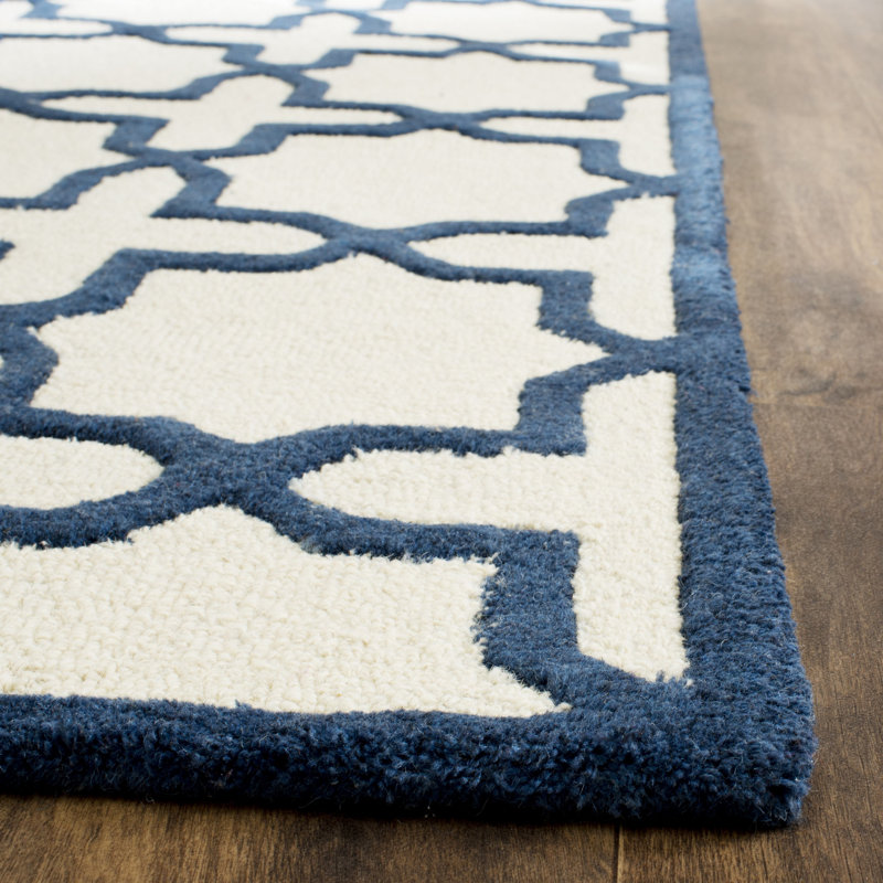 Navy and Ivory Hand-Tufted Wool Geometric Runner Rug