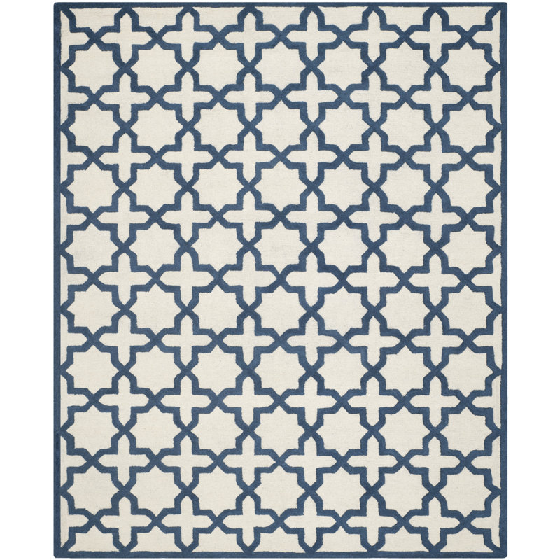 Navy and Ivory Hand-Tufted Wool Geometric Runner Rug