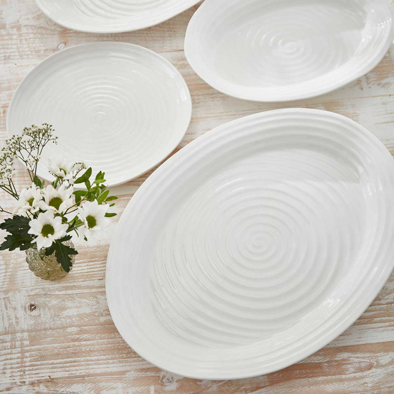 White Ceramic Round Platter with Spiral Pattern, 12.6 inches