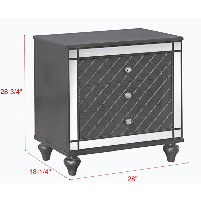 Contemporary Gray Wooden Nightstand with Diamond Mirror Inlay, 3 Drawers