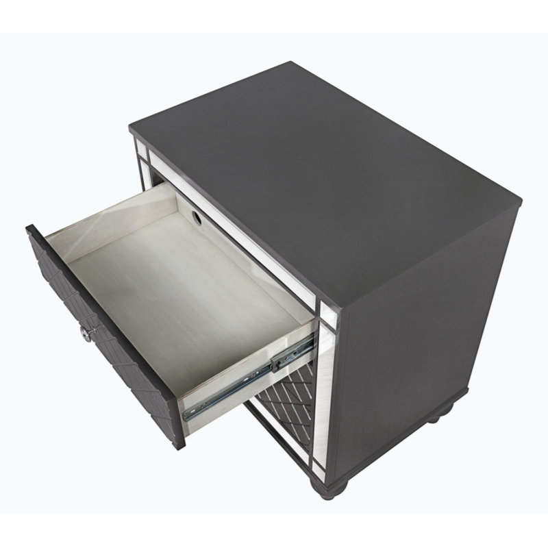 Contemporary Gray Wooden Nightstand with Diamond Mirror Inlay, 3 Drawers