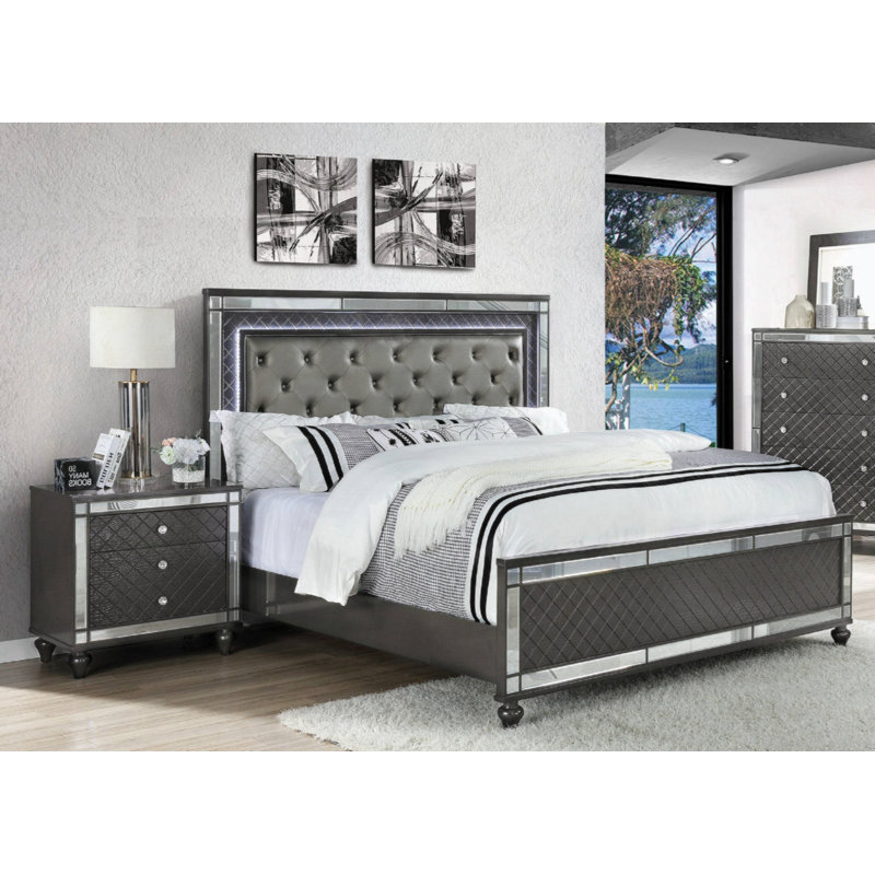 Contemporary Gray Wooden Nightstand with Diamond Mirror Inlay, 3 Drawers