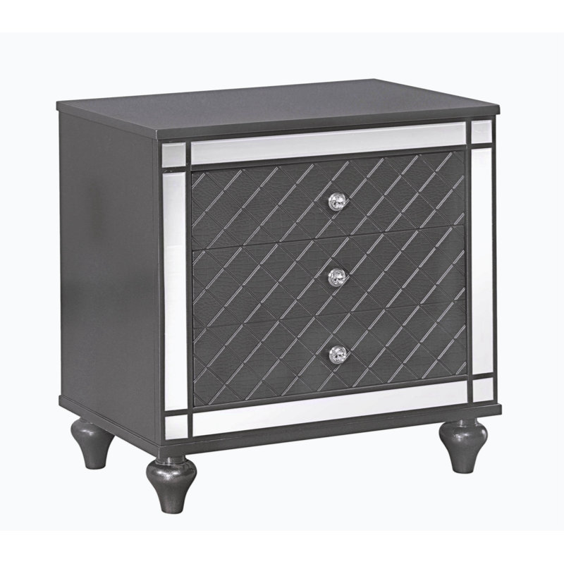 Contemporary Gray Wooden Nightstand with Diamond Mirror Inlay, 3 Drawers