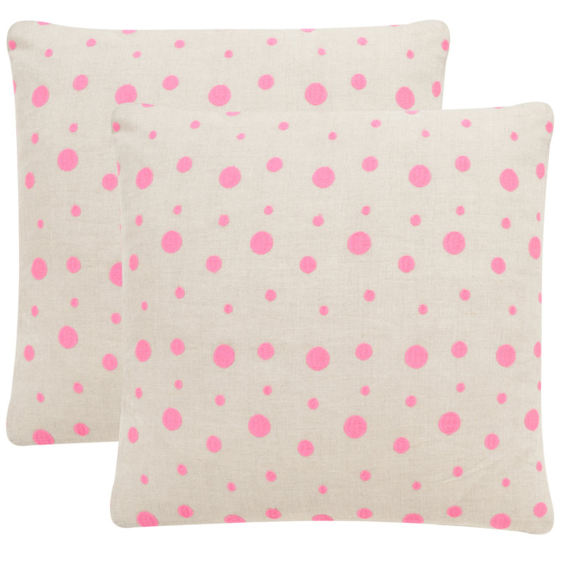 Pink Polka Dot Embroidered Linen Throw Pillow Set
