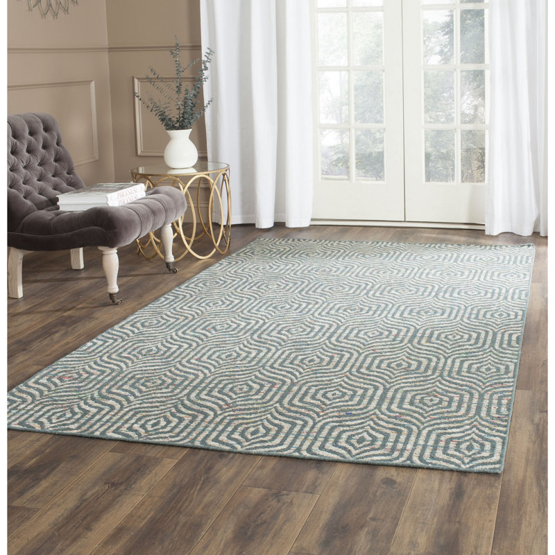 Blue Geometric Flat Woven Wool Cotton Area Rug 6' x 9'