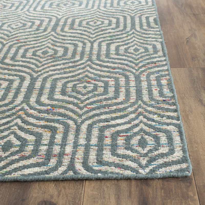 Blue Geometric Flat Woven Wool Cotton Area Rug 6' x 9'