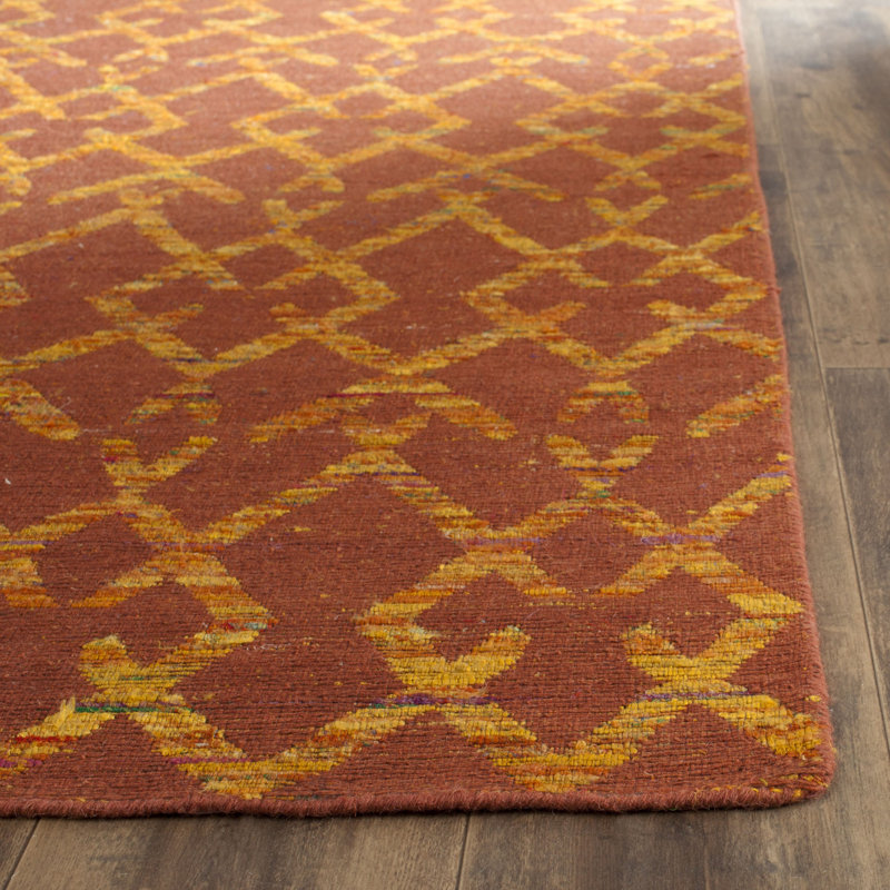 Rust and Gold Geometric Wool Cotton 4' x 6' Rug