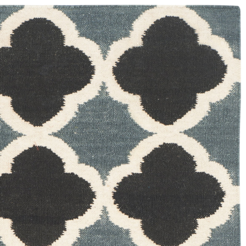 Handwoven Geometric Blue & Navy Wool Square Rug - Easy Care, Reversible