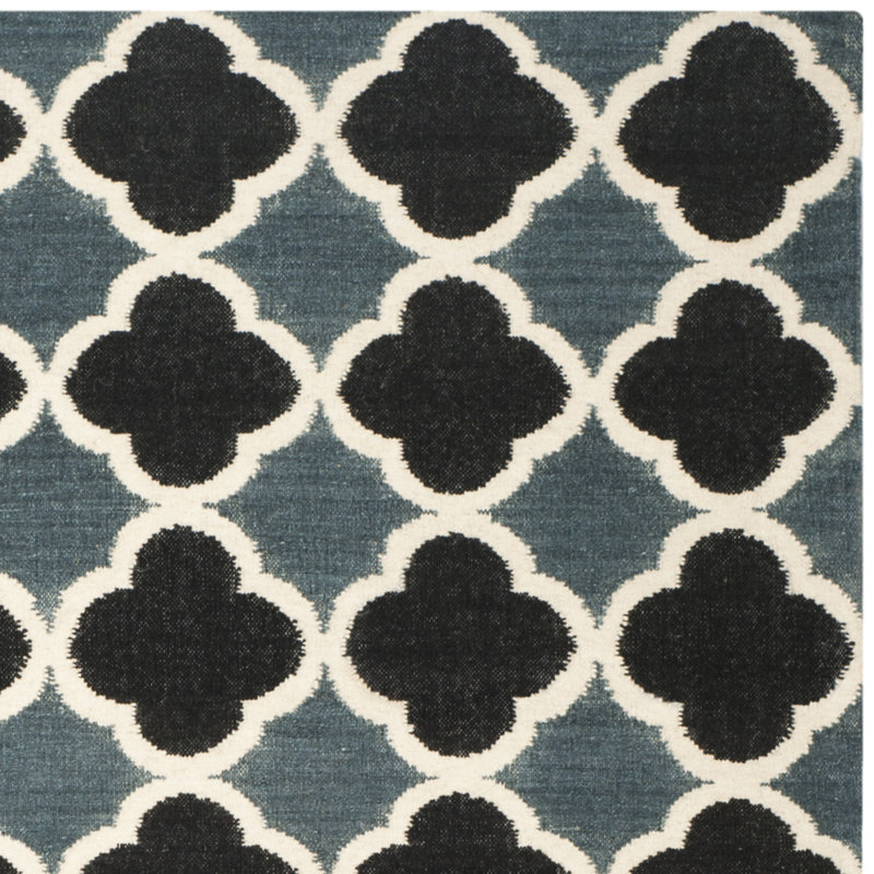 Handwoven Geometric Blue & Navy Wool Square Rug - Easy Care, Reversible