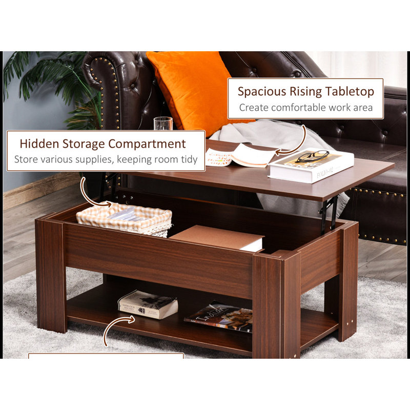 Modern Rectangular Lift-Top Coffee Table with Hidden Storage, Brown
