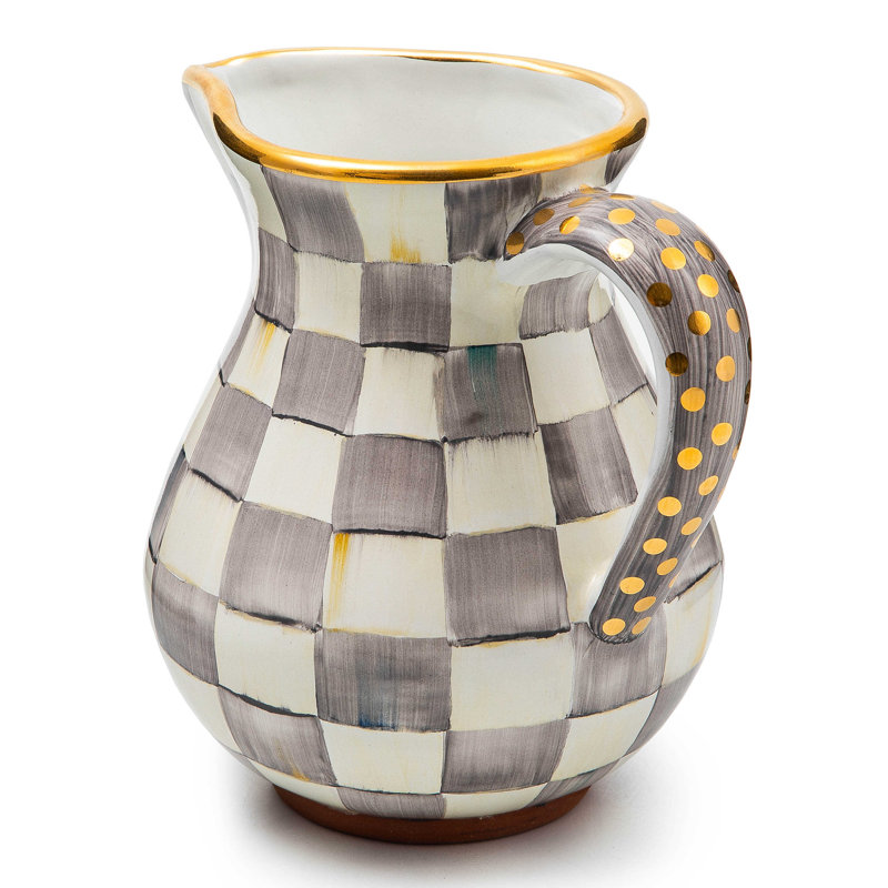 Hand-Painted Gray and White Ceramic Pitcher with Gold Trim
