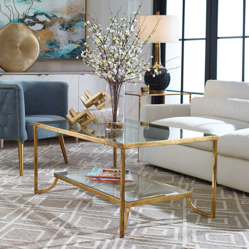 Katina Gold Leaf Rectangular Coffee Table with Glass Shelf