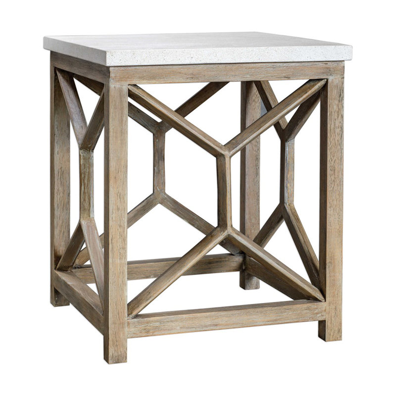 Transitional Coastal Square End Table with White Limestone Top