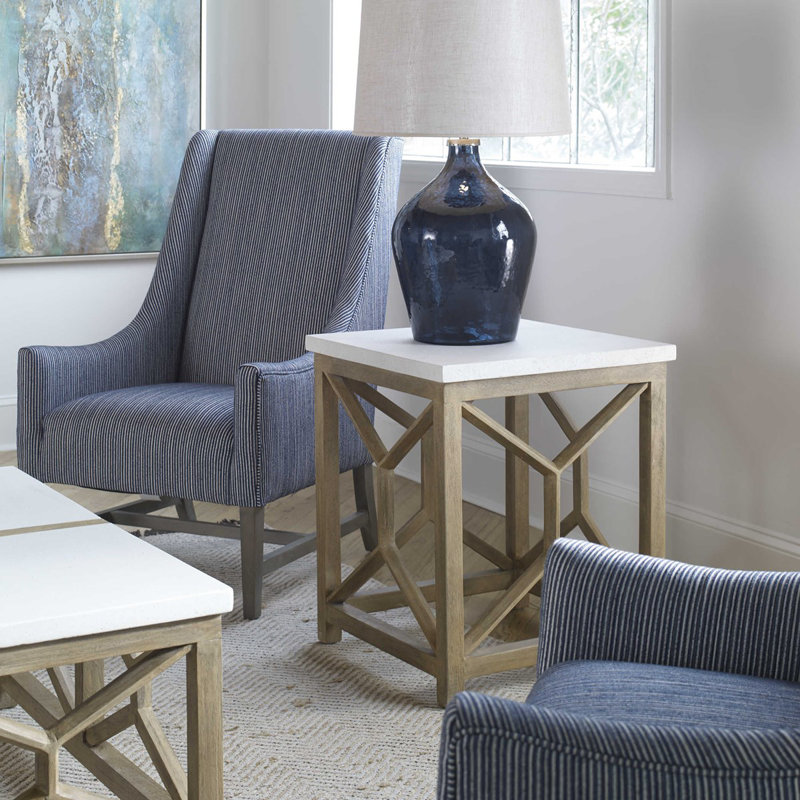 Transitional Coastal Square End Table with White Limestone Top