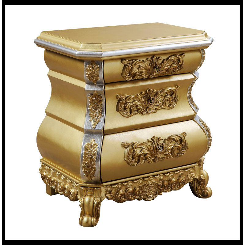 Seville Gold Finish 3-Drawer Nightstand with Carved Accents