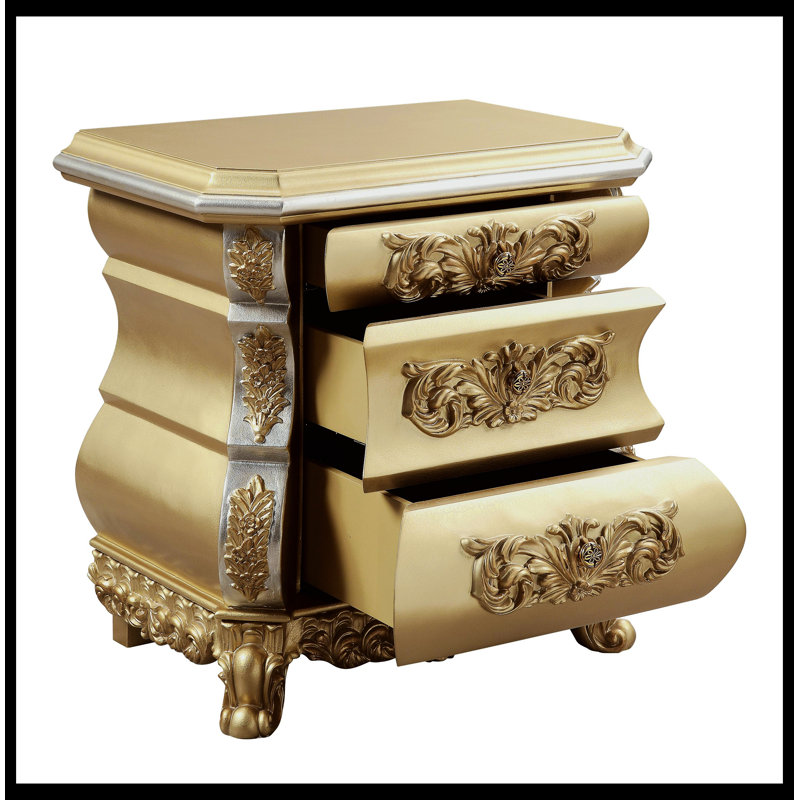 Seville Gold Finish 3-Drawer Nightstand with Carved Accents