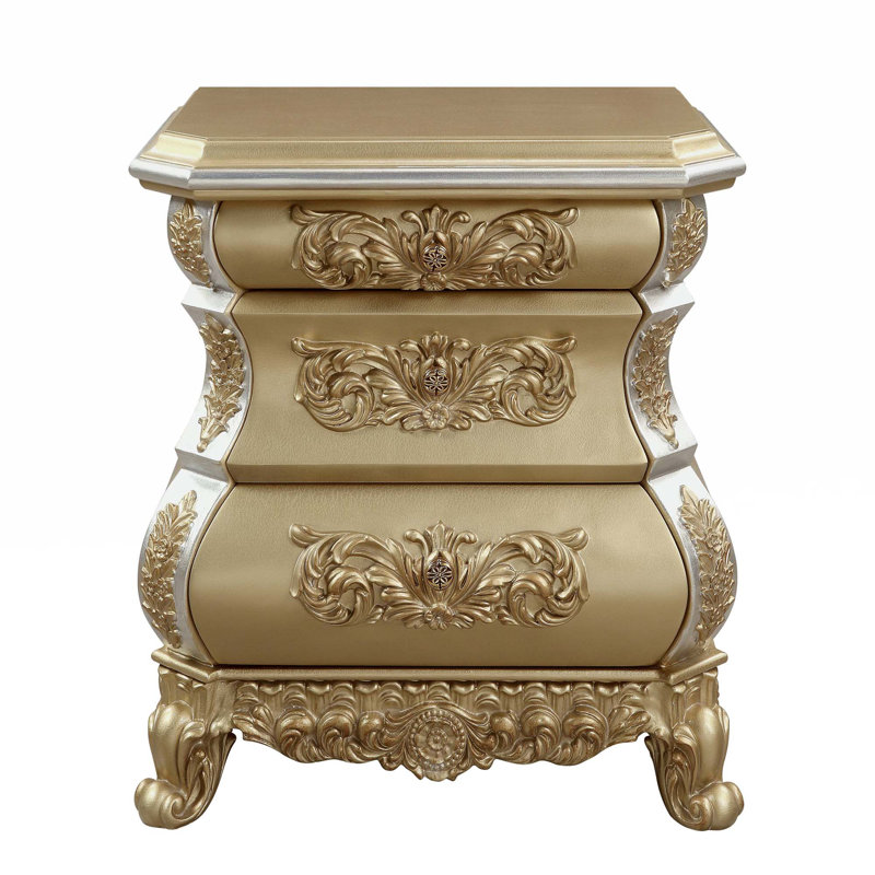 Seville Gold Finish 3-Drawer Nightstand with Carved Accents