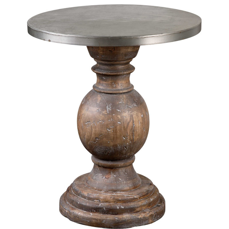 Billie Transitional Round Accent Table in Brown and Silver