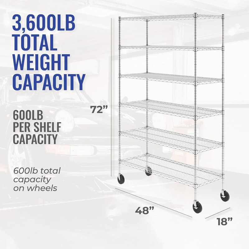 Versatile 6-Tier Zinc-Plated Steel Wire Shelving Unit with Wheels, 48x18x72