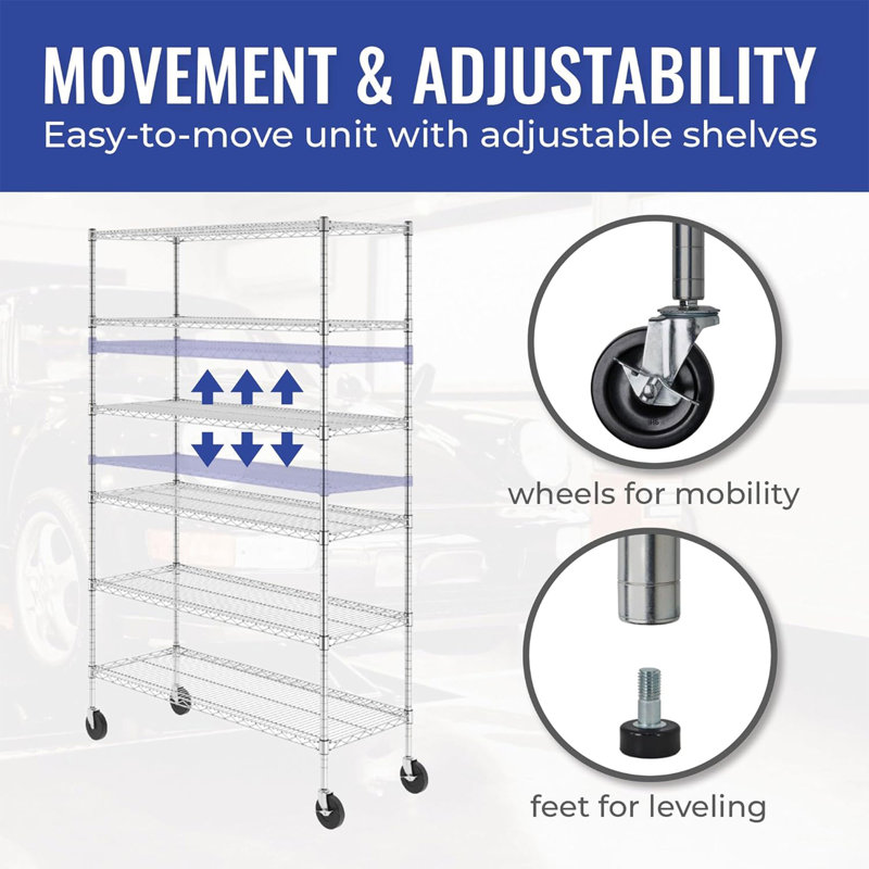 Versatile 6-Tier Zinc-Plated Steel Wire Shelving Unit with Wheels, 48x18x72
