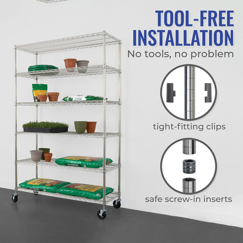 Versatile 6-Tier Zinc-Plated Steel Wire Shelving Unit with Wheels, 48x18x72