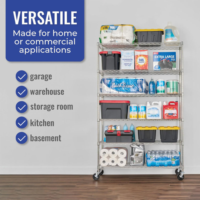 Versatile 6-Tier Zinc-Plated Steel Wire Shelving Unit with Wheels, 48x18x72