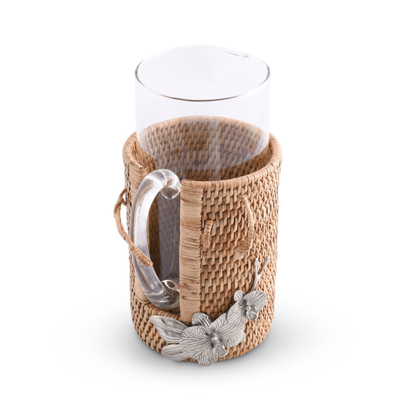 Orchid Glass Pitcher with Hand-Woven Rattan Holder