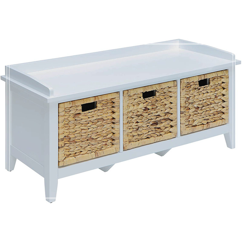 White Wood and Rattan Storage Bench with Drawers