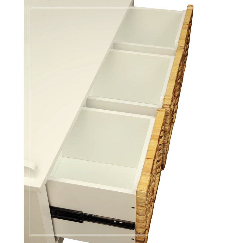 White Wood and Rattan Storage Bench with Drawers