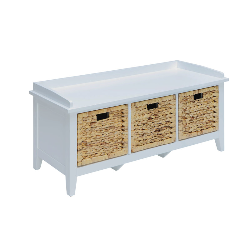 White Wood and Rattan Storage Bench with Drawers