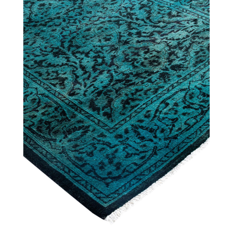Hand-Knotted Black and Teal Wool Runner Rug 2'6" x 6'7"