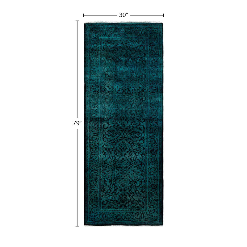 Hand-Knotted Black and Teal Wool Runner Rug 2'6" x 6'7"