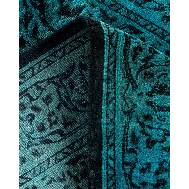 Hand-Knotted Black and Teal Wool Runner Rug 2'6" x 6'7"