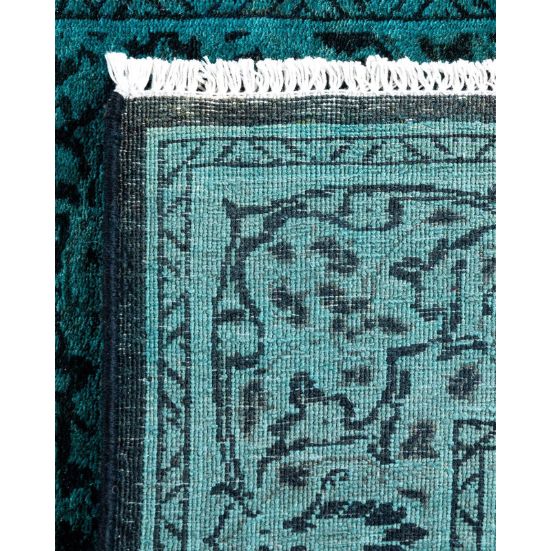 Hand-Knotted Black and Teal Wool Runner Rug 2'6" x 6'7"