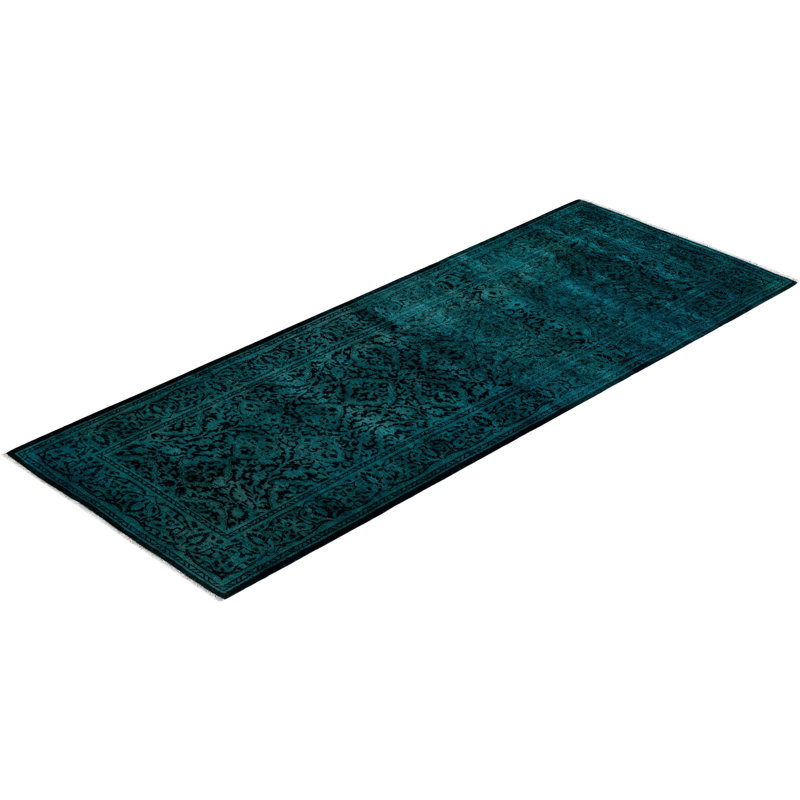 Hand-Knotted Black and Teal Wool Runner Rug 2'6" x 6'7"