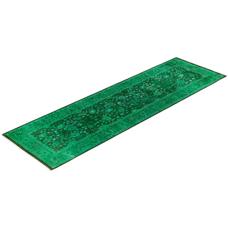 Hand-Knotted Green and Black Wool Runner Rug 2'7" x 8'10"