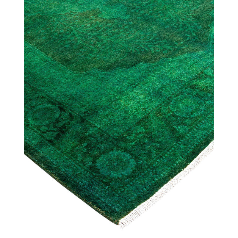 Hand-Knotted Green and Gray Wool Rectangular Area Rug