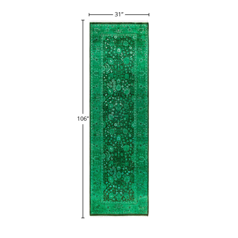 Hand-Knotted Green and Black Wool Runner Rug 2'7" x 8'10"