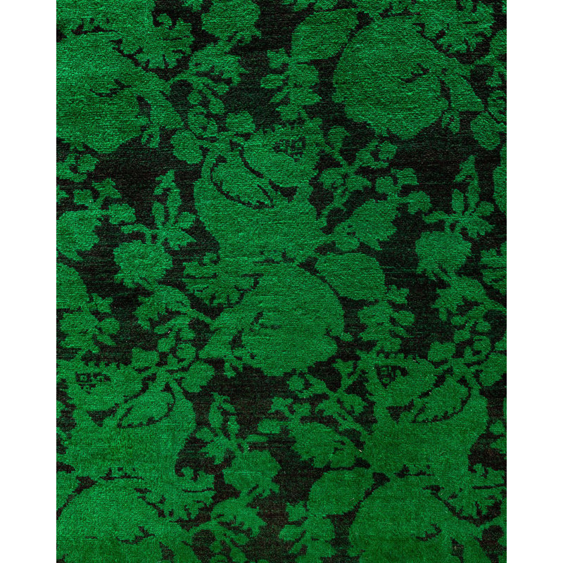 Hand-Knotted Green Wool Floral Motif Runner Area Rug