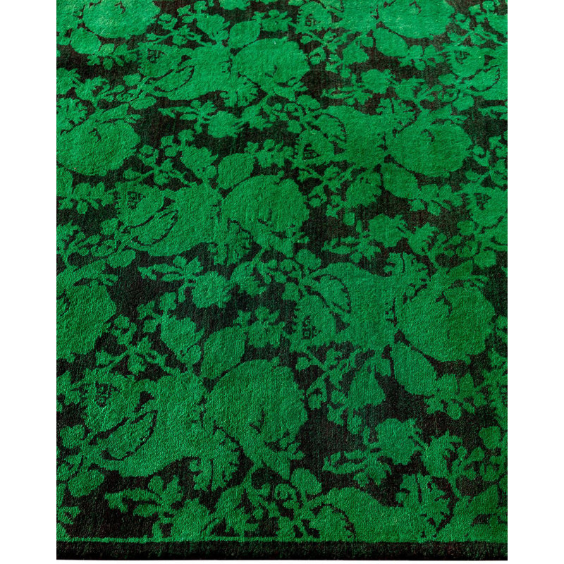 Hand-Knotted Green Wool Floral Motif Runner Area Rug