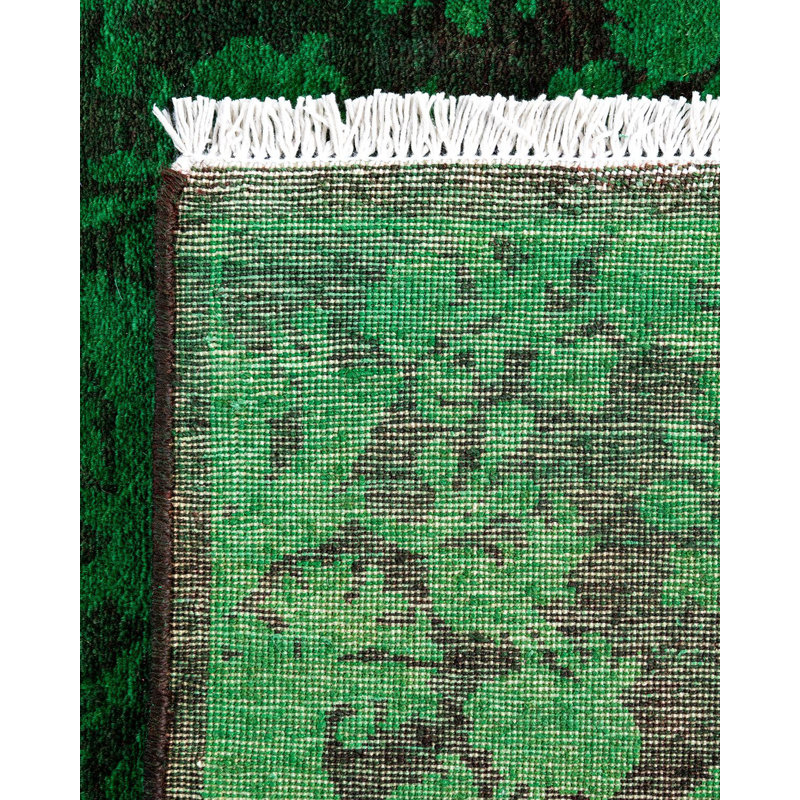 Hand-Knotted Green Wool Floral Motif Runner Area Rug
