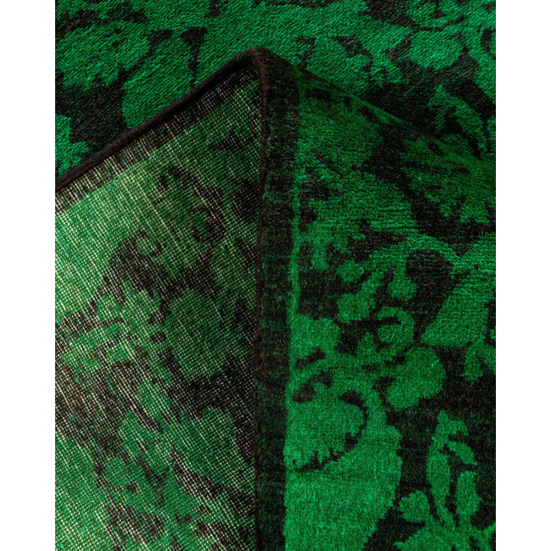 Hand-Knotted Green Wool Floral Motif Runner Area Rug