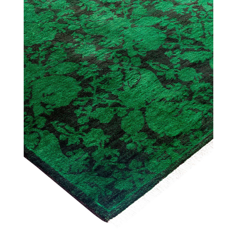 Hand-Knotted Green Wool Floral Motif Runner Area Rug